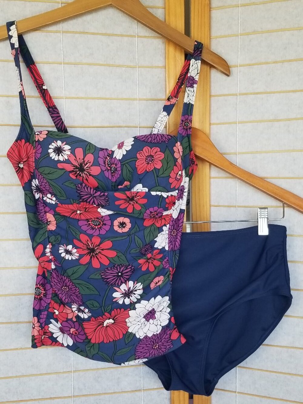 Tropical Escape Tankini Bathing Swim Suit Floral Top Navy Brief Bottoms 10/12